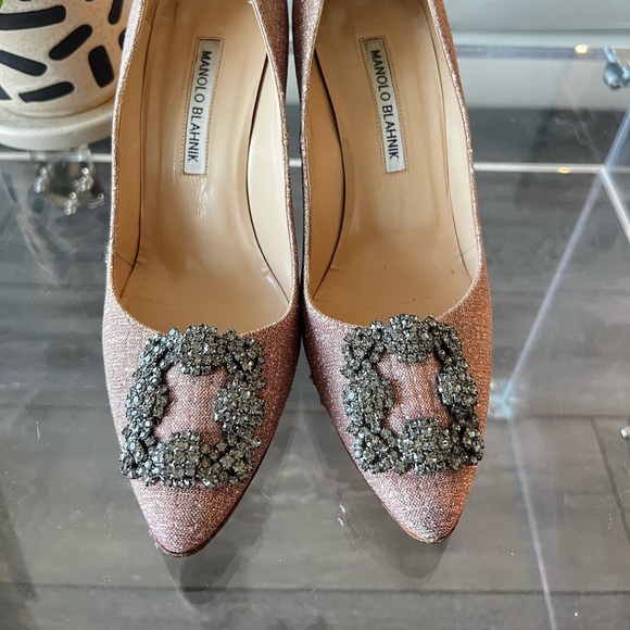 MANOLO BLAHNIK HANGISI PINK GLITTER TEXTILE STILETTO HEELS WITH CRYSTALS - Picture 6 of 10